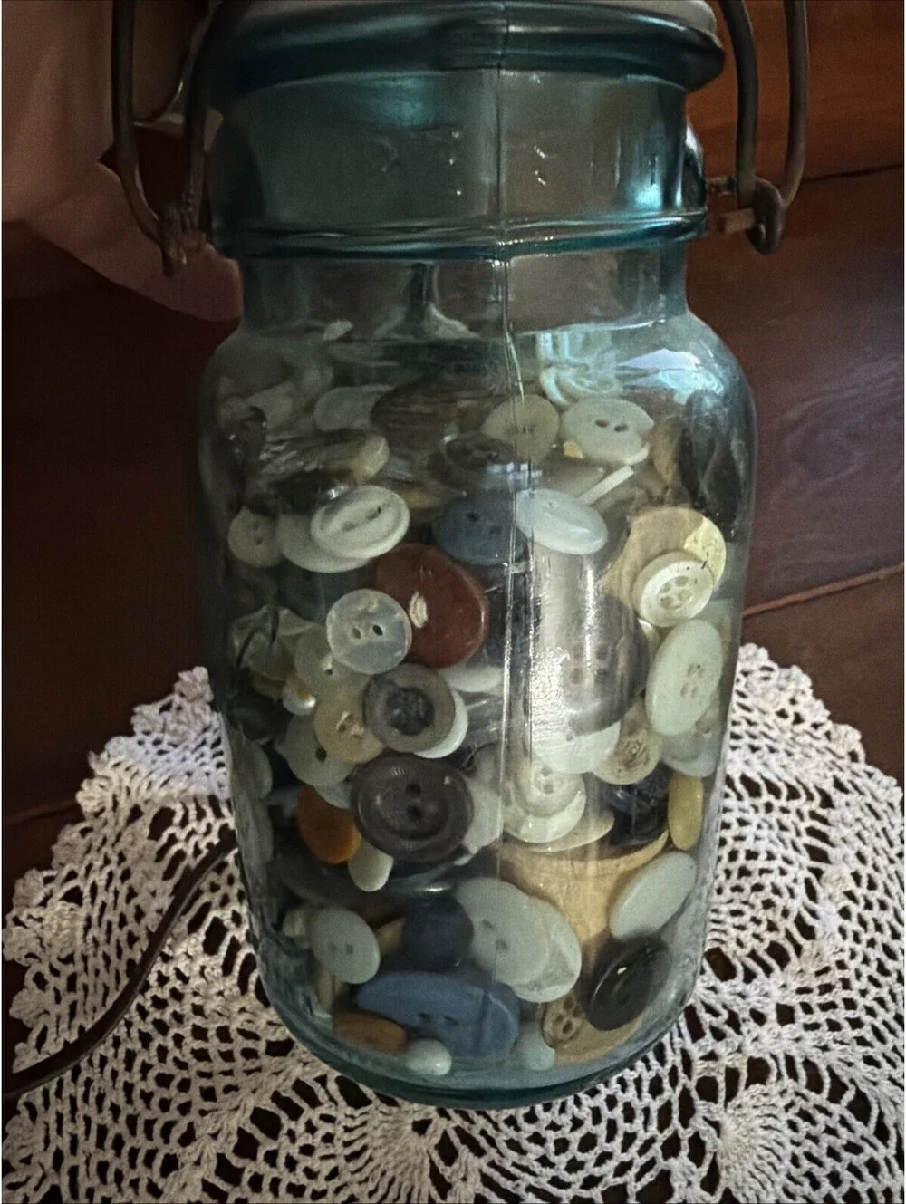 Antique Blue Mason Jar Candle Lamp Old Buttons Primitive Country Farmhouse Decor